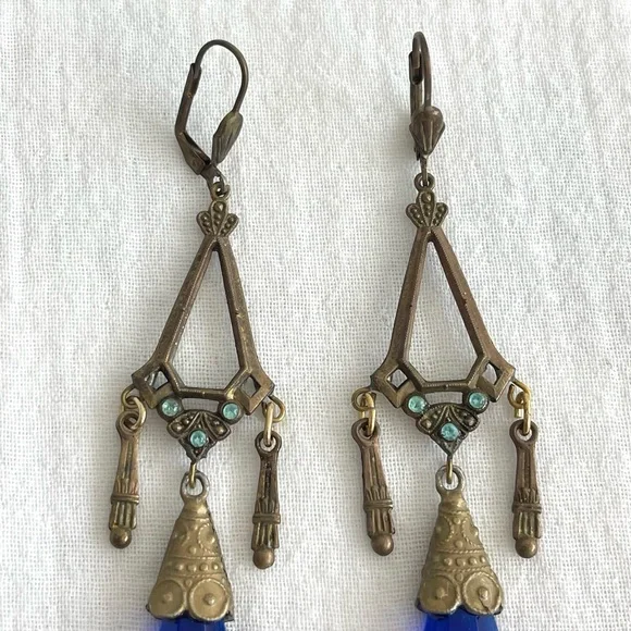 Vintage Czech Blue Glass, Brass & Rhinestone Art Deco Dangle Earrings - Picture 2 of 7